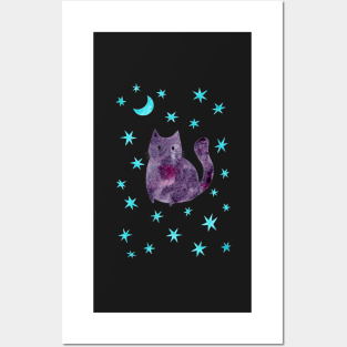 Purple Cat with Blue Stars Posters and Art